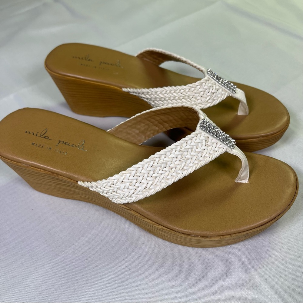 Mila Paoli White Wedge 7.5 Women's Rhinestone Sandals